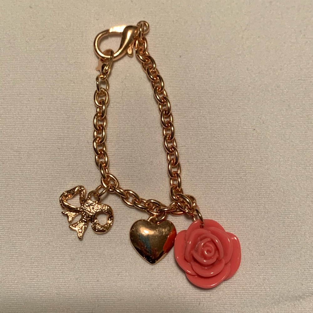 Authentic Juicy Couture Gold Chain Bracelet with Pink Rose Charm